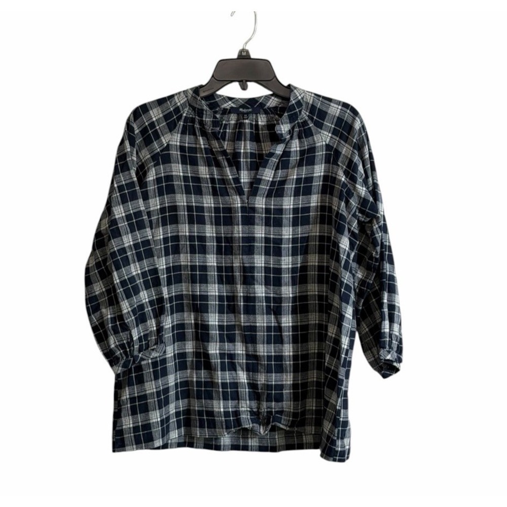 Madewell XS Linen Blend Popover Top Navy Blue Plaid Coastal Peasant Casual